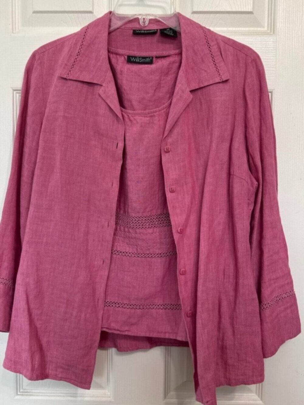 Pink linen button up shirt with collar and matching short sleeve tank